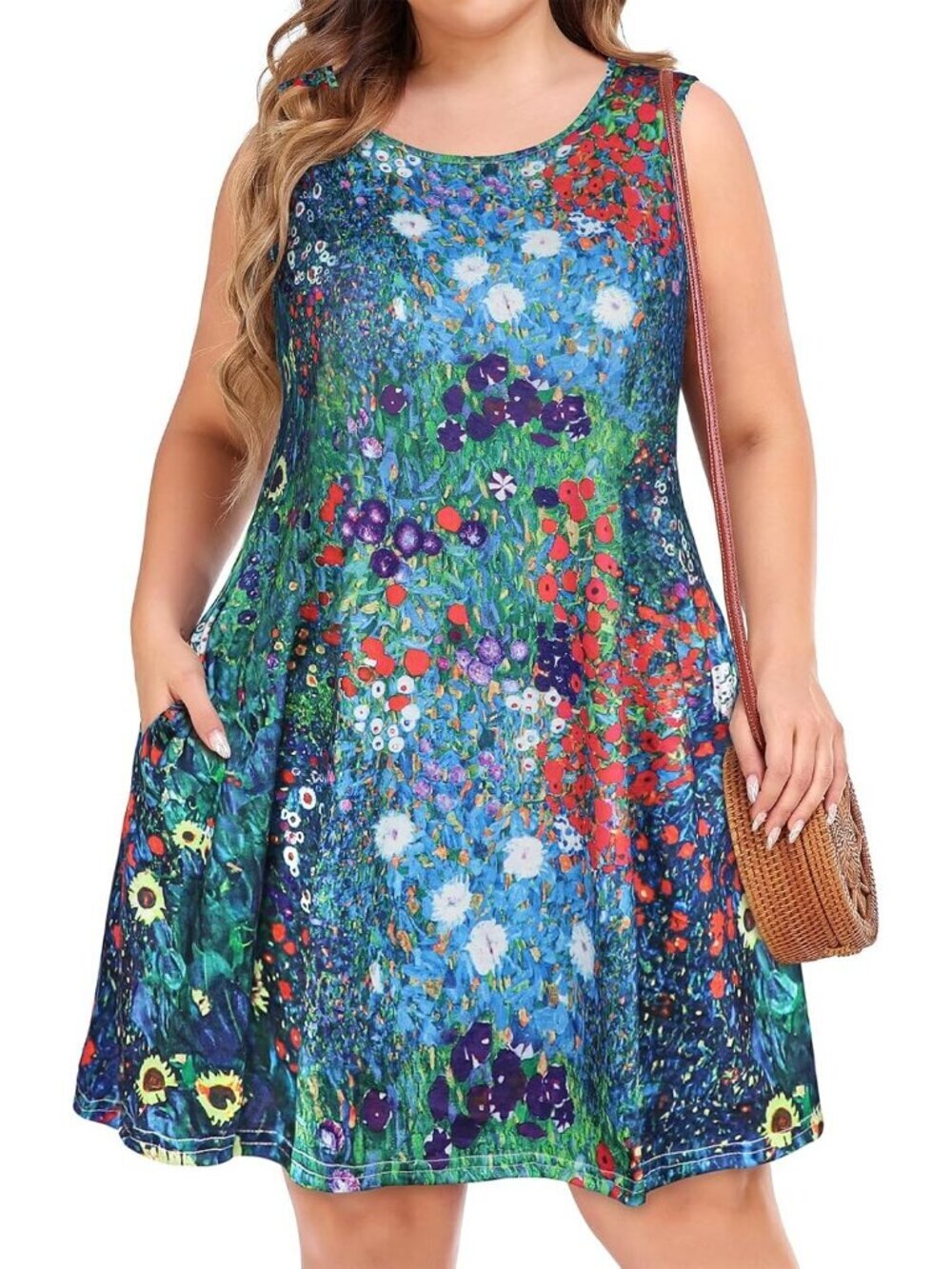 Women's Blue Garden Floral Sleeveless Pockets Beach T-shirt Tank Sun Mini Dress